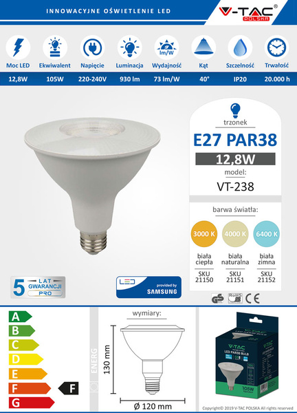 Żarówka halogenowa LED PAR38 SAMSUNG 12,8W E27 VT-238