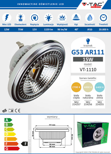 Żarówka halogenowa LED 12W AR111 QR111 G53 40° VT-1110