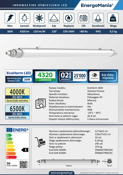 Hermetyczna lampa liniowa LED EcoHerm 36W 120cm 4320 lm