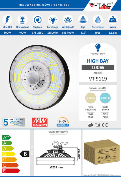 Lampa magazynowa High Bay PRO LED 100W 18500 lm VT-9119