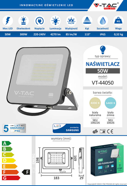 Naświetlacz LED SMD SAMSUNG 50W 4270 lm VT-44050 czarny