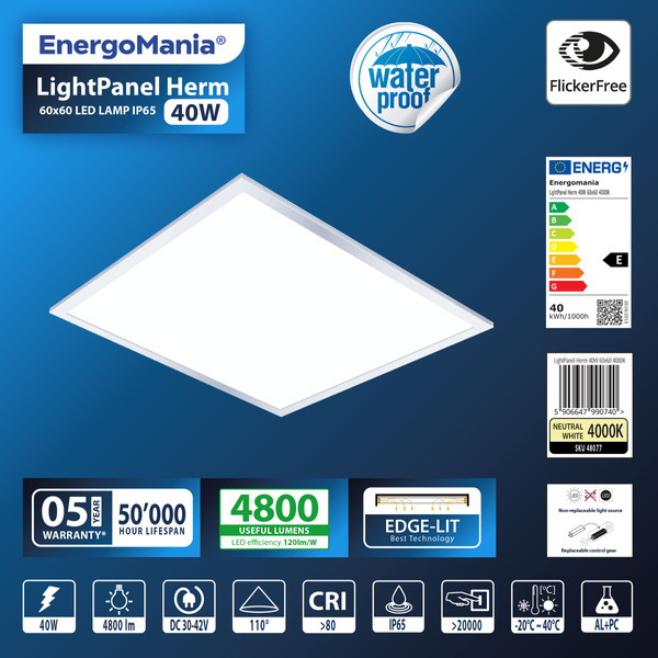 Wodoodporny panel LED LightPanel Herm 40W 4800 lm IP65 60x60