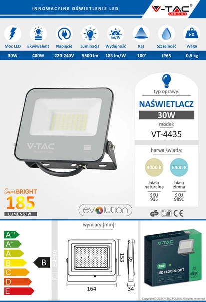 Naświetlacz LED EVOLUTION 30W 5500 lm VT-4435 czarny