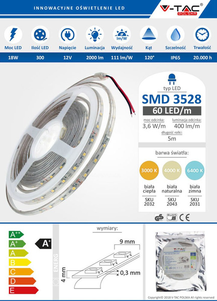 Taśma LED SMD3528 60 / 300 18W 5m IP65 wodoodporna