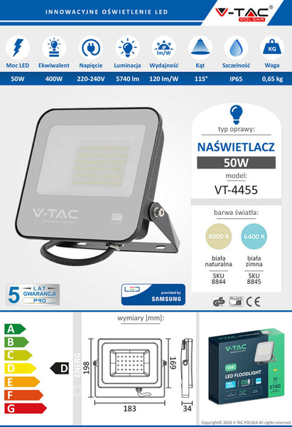 Naświetlacz LED SMD SAMSUNG 50W 5740 lm VT-4455 czarny