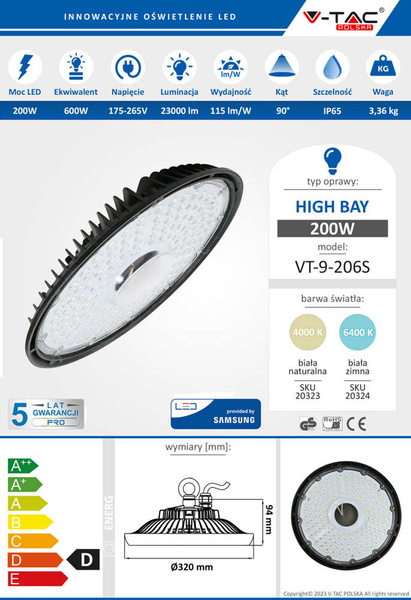 Lampa High Bay UFO LED 200W 23000 lm 90°  SAMSUNG VT-9-206S