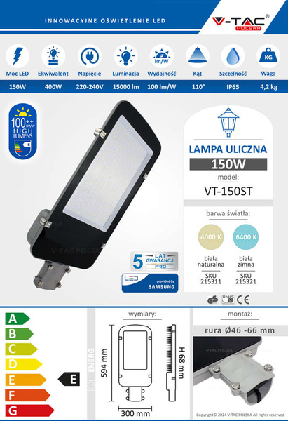 Latarnia uliczna LED SAMSUNG PRO 150W 15000 lm VT-150ST