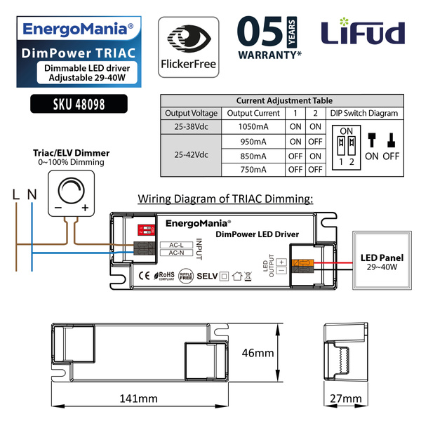 Zasilacz współpracujący ze ściemniaczem do paneli LED DimPower TRIAC 29W-40W