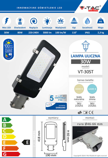 Latarnia uliczna LED SAMSUNG PRO 30W 3000 lm VT-30ST