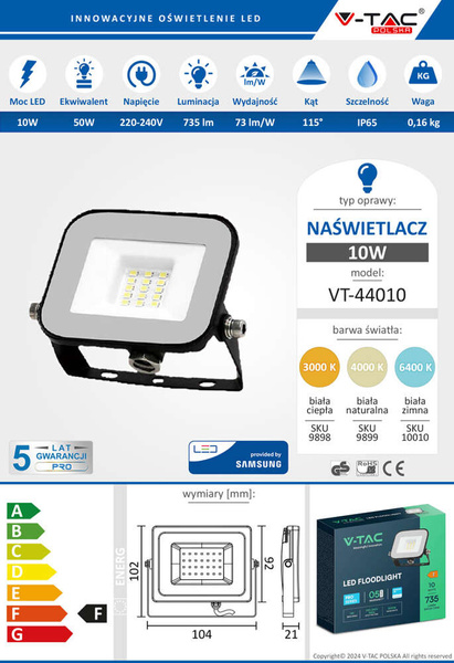 Naświetlacz LED SMD SAMSUNG 10W 735 lm VT-44010 czarny