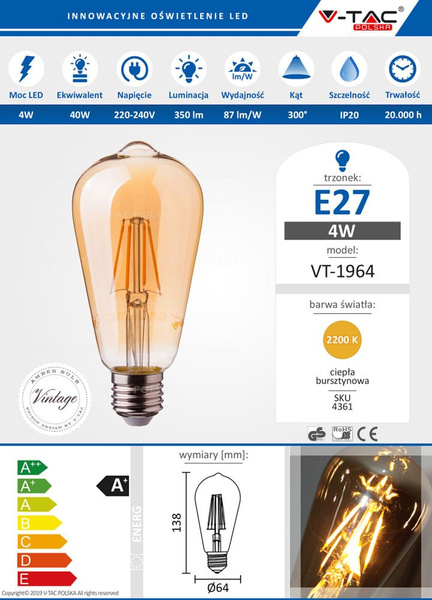 Żarówka LED ST64 RETRO 4W FILAMENT AMBER 2200K VT-1964