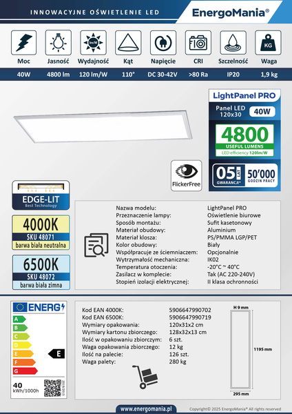 Panel LED LightPanel PRO 40W 4800 lm 120x30