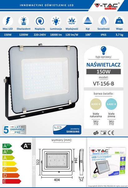 Naświetlacz LED SMD SAMSUNG 150W 18000 lm VT-156 czarny