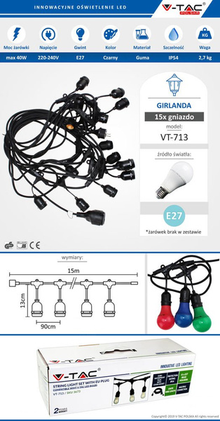 Girlanda ogrodowa do żarówek 15x E27 15m VT-713