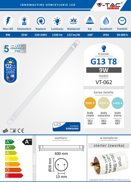 Świetlówka LED T8 G13 60cm 7,5W SAMSUNG PRO 850 lm VT-062