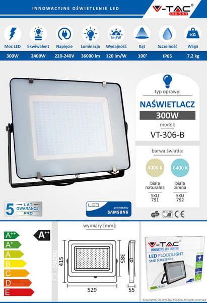 Naświetlacz LED SMD SAMSUNG 300W 34500 lm VT-306 czarny