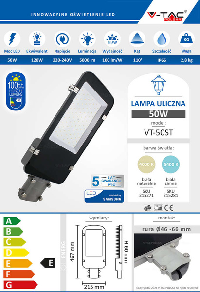 Latarnia uliczna LED SAMSUNG PRO 50W 5000 lm VT-50ST