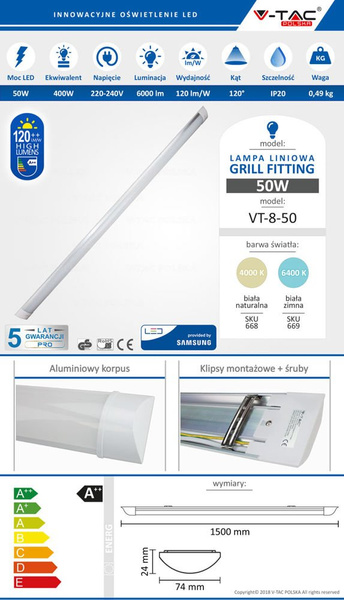 Natynkowa oprawa liniowa LED SAMSUNG 50W 6000lm 150cm VT-8-50