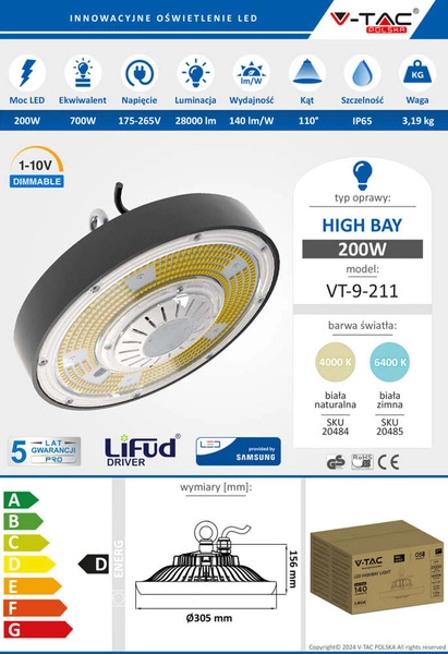 Lampa High Bay UFO LED 200W 28000 lm  LiFud SAMSUNG VT-9-211