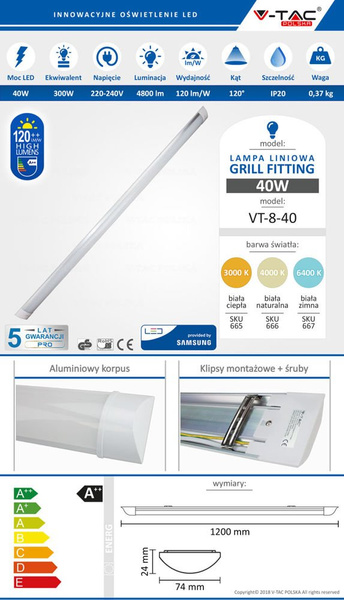 Natynkowa oprawa liniowa LED SAMSUNG 40W 4800lm 120cm VT-8-40