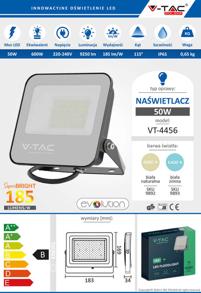 Naświetlacz LED EVOLUTION 50W 9250 lm VT-4456 czarny