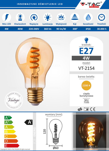 Żarówka LED AMBER SPIRAL 4W E27 A60 360lm FILAMEN VT-2154